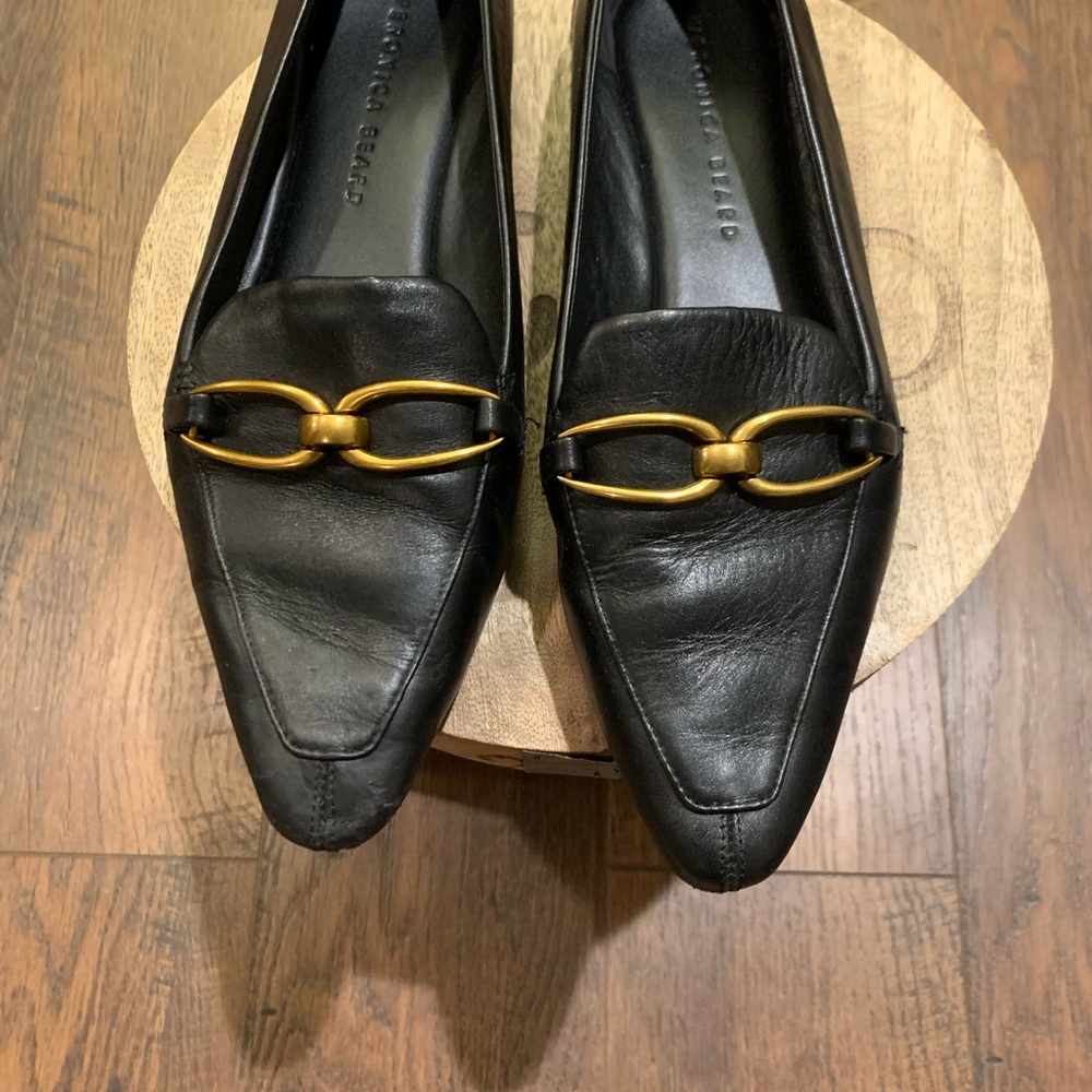 Veronica Beard Champlain Black Leather Loafers with Gold Chain - Picture 2 of 11